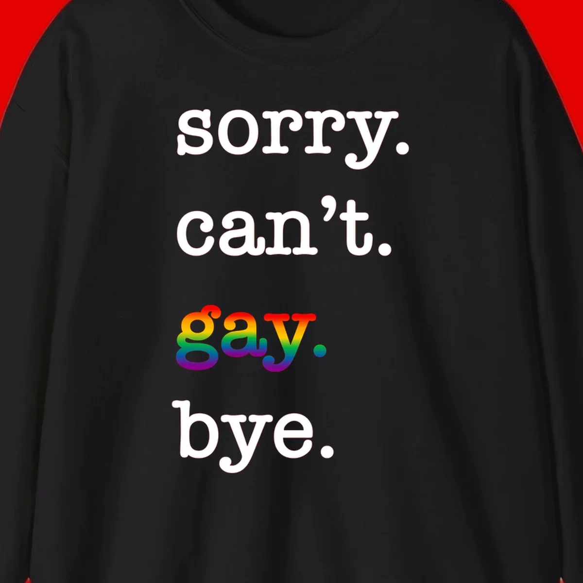 Gray background with white text reading 'Sorry can't say' and 'bye' with the word 'gay' in vibrant rainbow gradient colors, a playful pride celebration design.