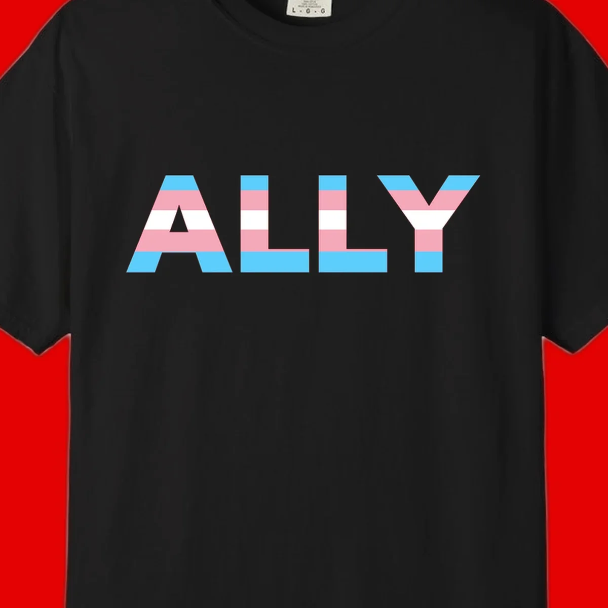 Trans pride flag colors in cyan, pink, and white horizontal stripes forming geometric letters spelling 'ALLY'