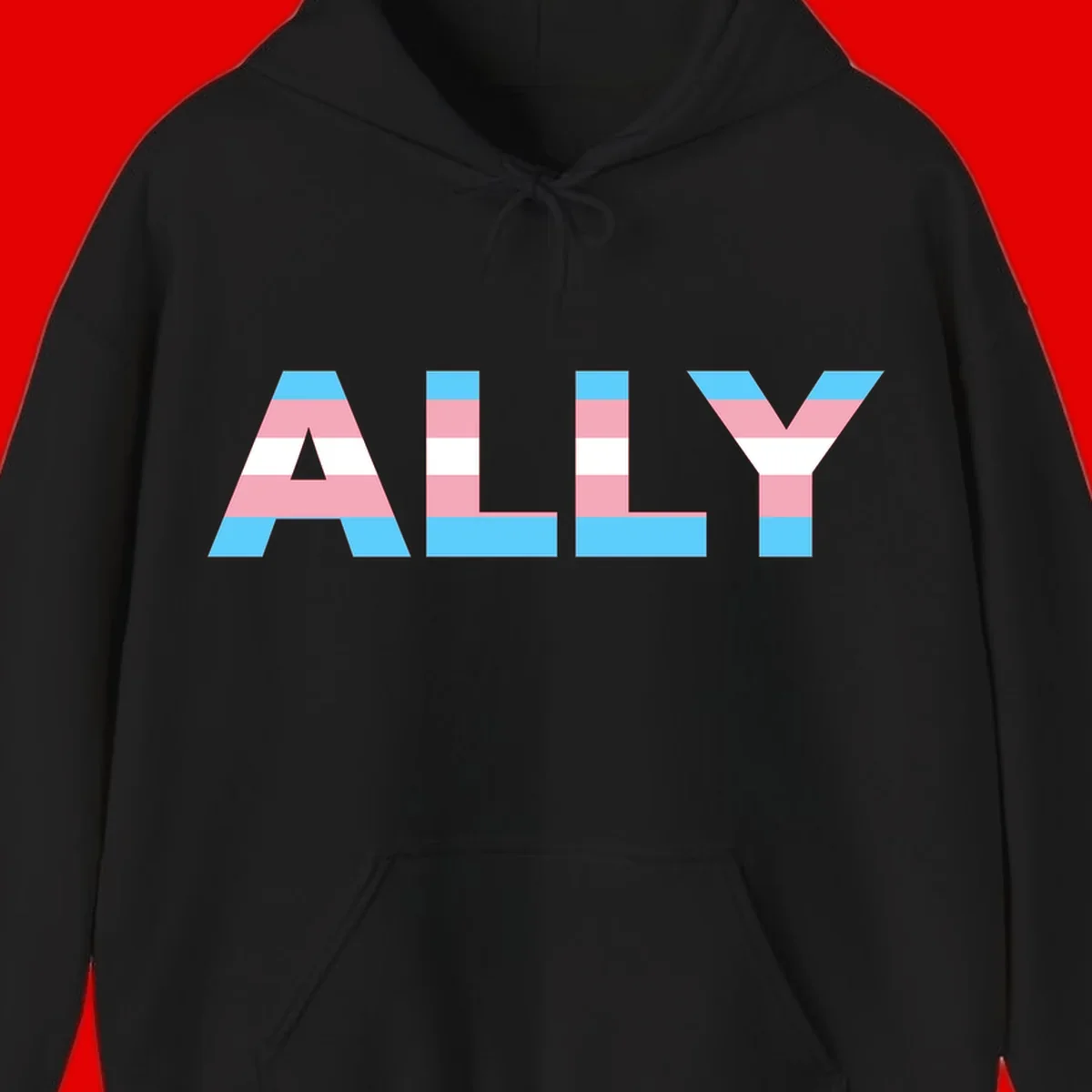 Trans pride flag colors in cyan, pink, and white horizontal stripes forming geometric letters spelling 'ALLY'