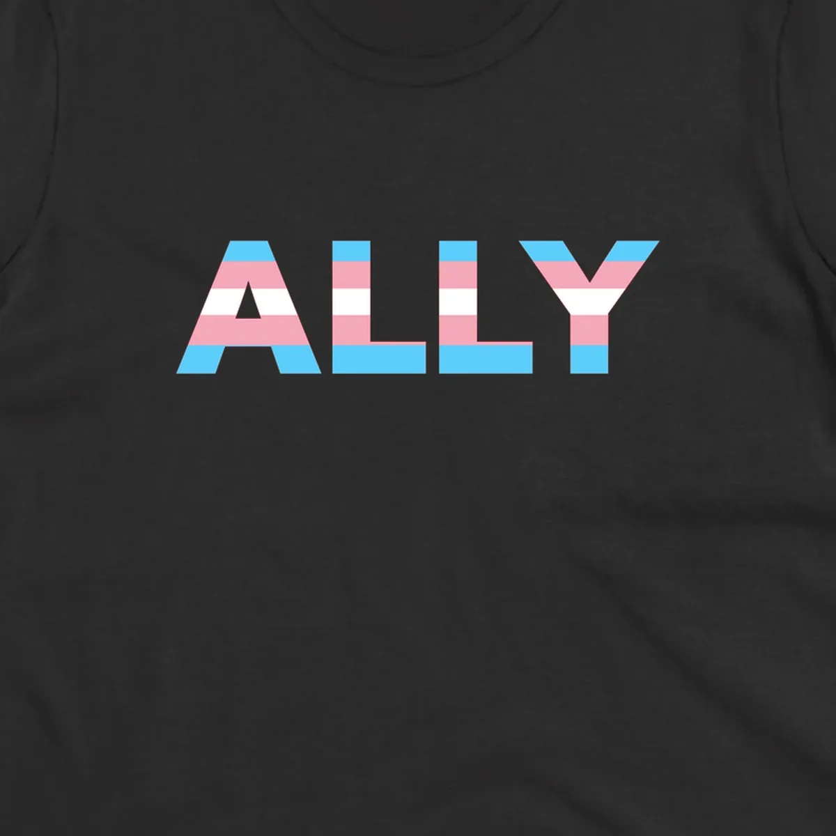 Trans pride flag colors in cyan, pink, and white horizontal stripes forming geometric letters spelling 'ALLY'