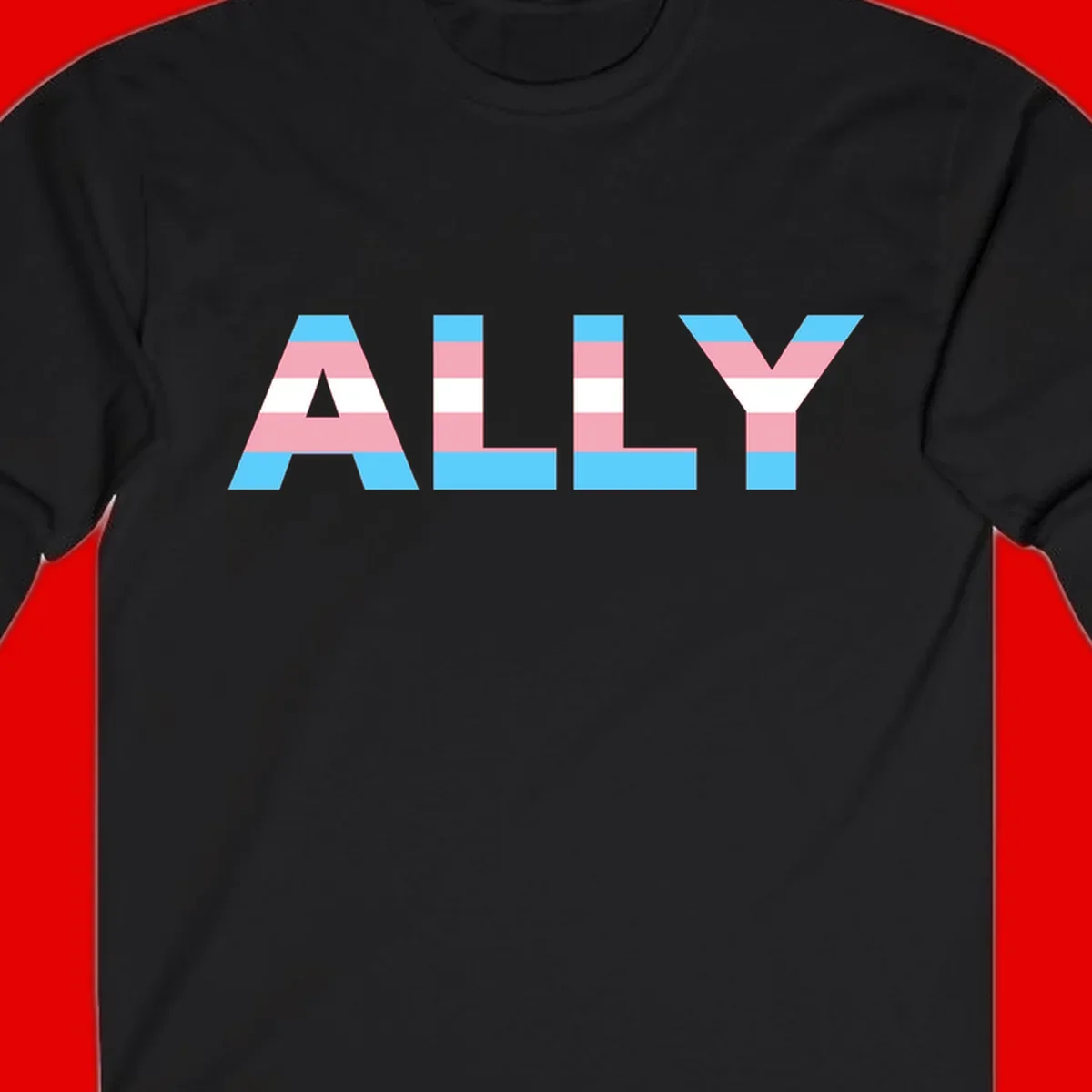 Trans pride flag colors in cyan, pink, and white horizontal stripes forming geometric letters spelling 'ALLY'