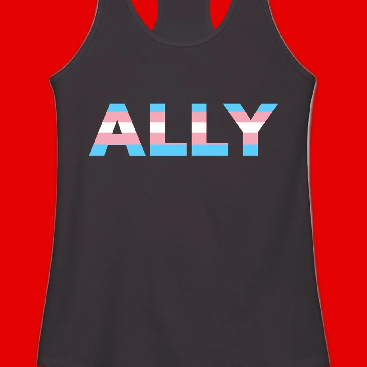 Trans pride flag colors in cyan, pink, and white horizontal stripes forming geometric letters spelling 'ALLY'