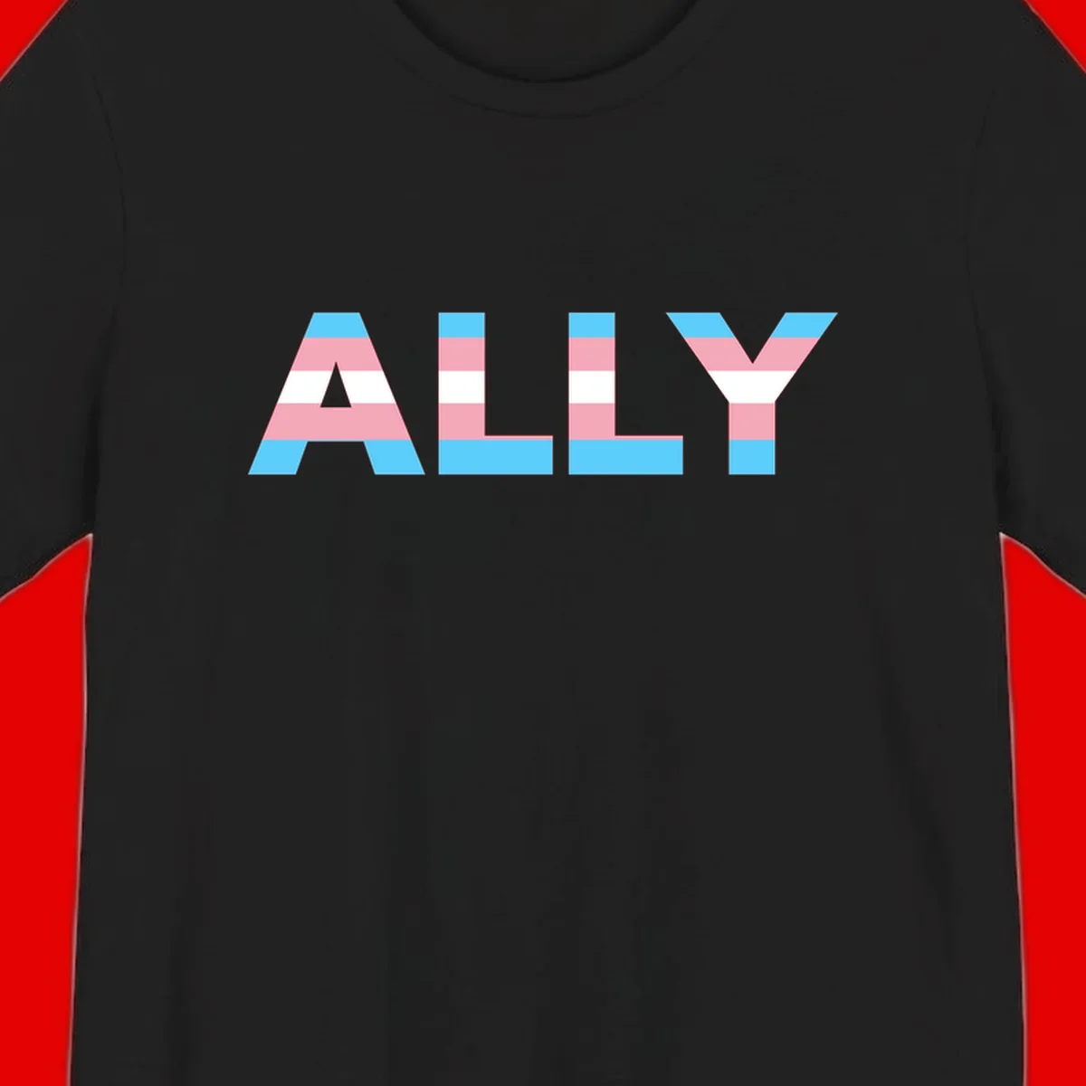 Trans pride flag colors in cyan, pink, and white horizontal stripes forming geometric letters spelling 'ALLY'