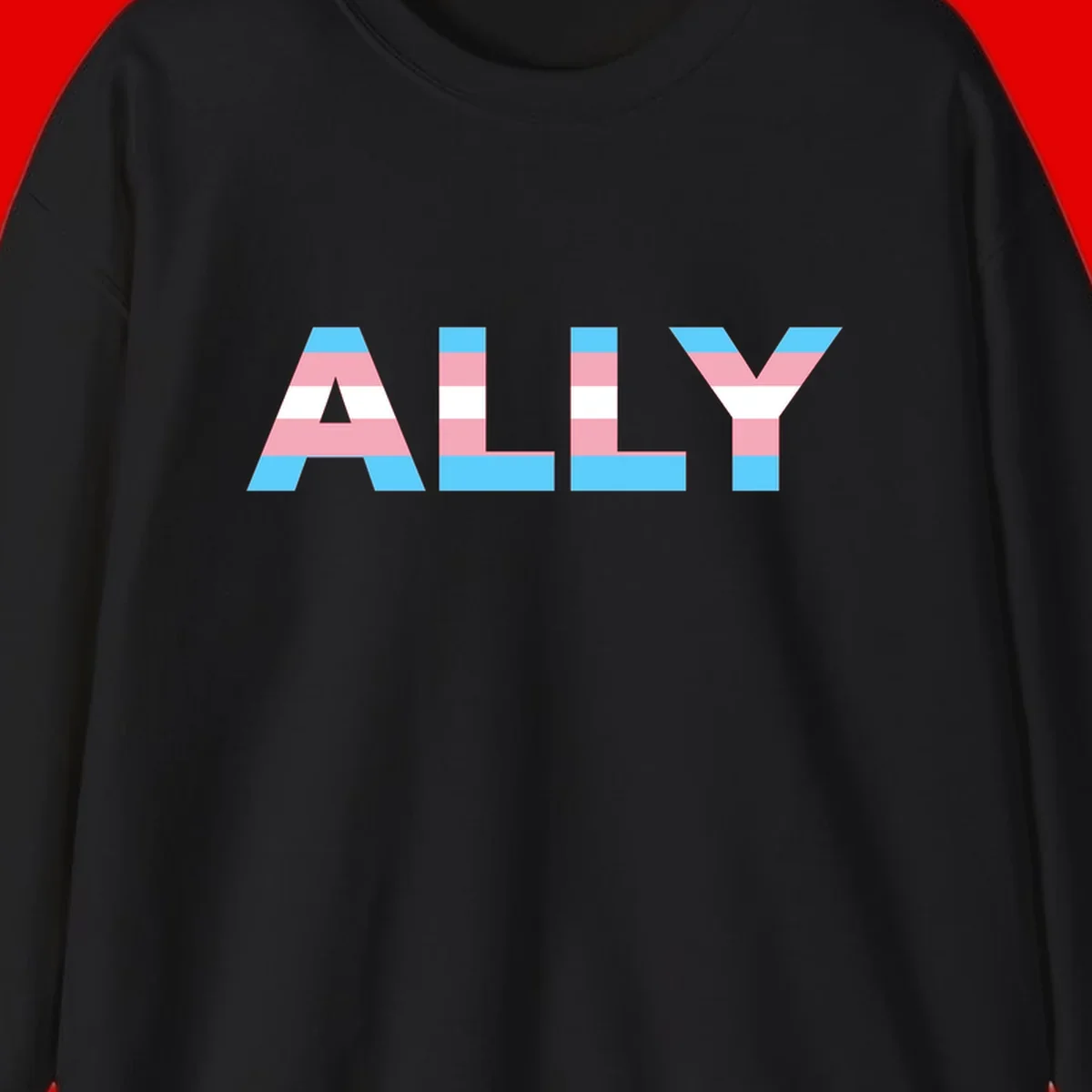 Trans pride flag colors in cyan, pink, and white horizontal stripes forming geometric letters spelling 'ALLY'