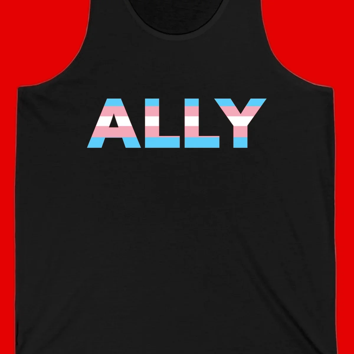 Trans pride flag colors in cyan, pink, and white horizontal stripes forming geometric letters spelling 'ALLY'