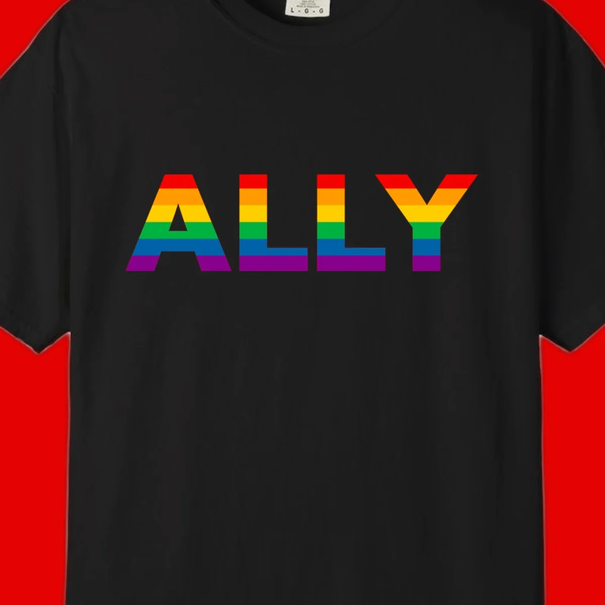 Rainbow-colored letters spelling ALLY with pride flag horizontal stripes in red, orange, yellow, green, blue, and purple