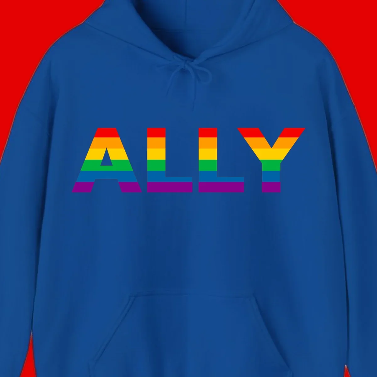 Rainbow-colored letters spelling ALLY with pride flag horizontal stripes in red, orange, yellow, green, blue, and purple