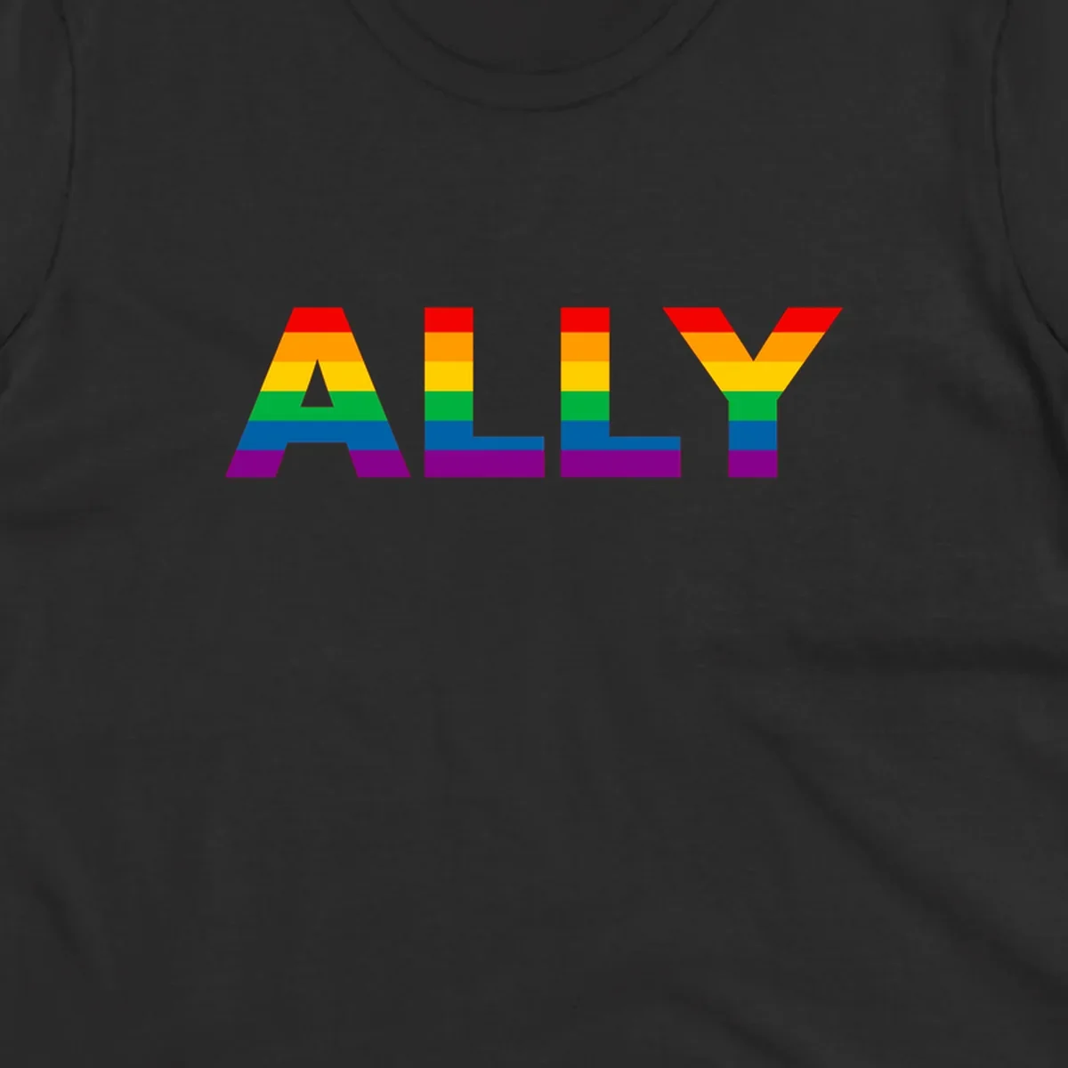 Rainbow-colored letters spelling ALLY with pride flag horizontal stripes in red, orange, yellow, green, blue, and purple