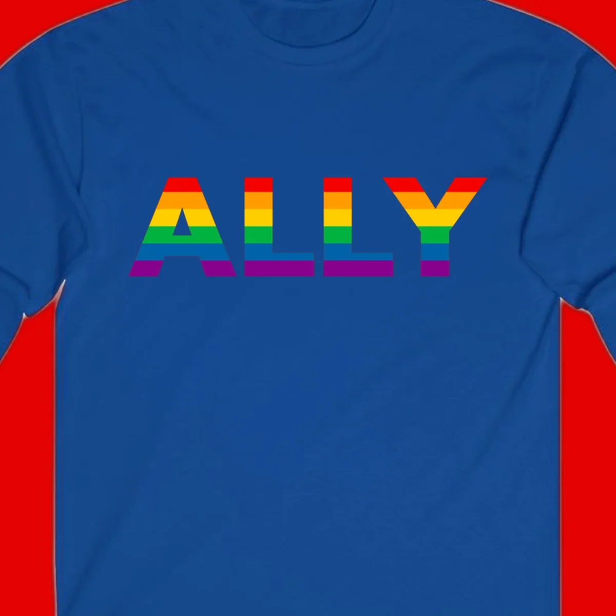 Rainbow-colored letters spelling ALLY with pride flag horizontal stripes in red, orange, yellow, green, blue, and purple