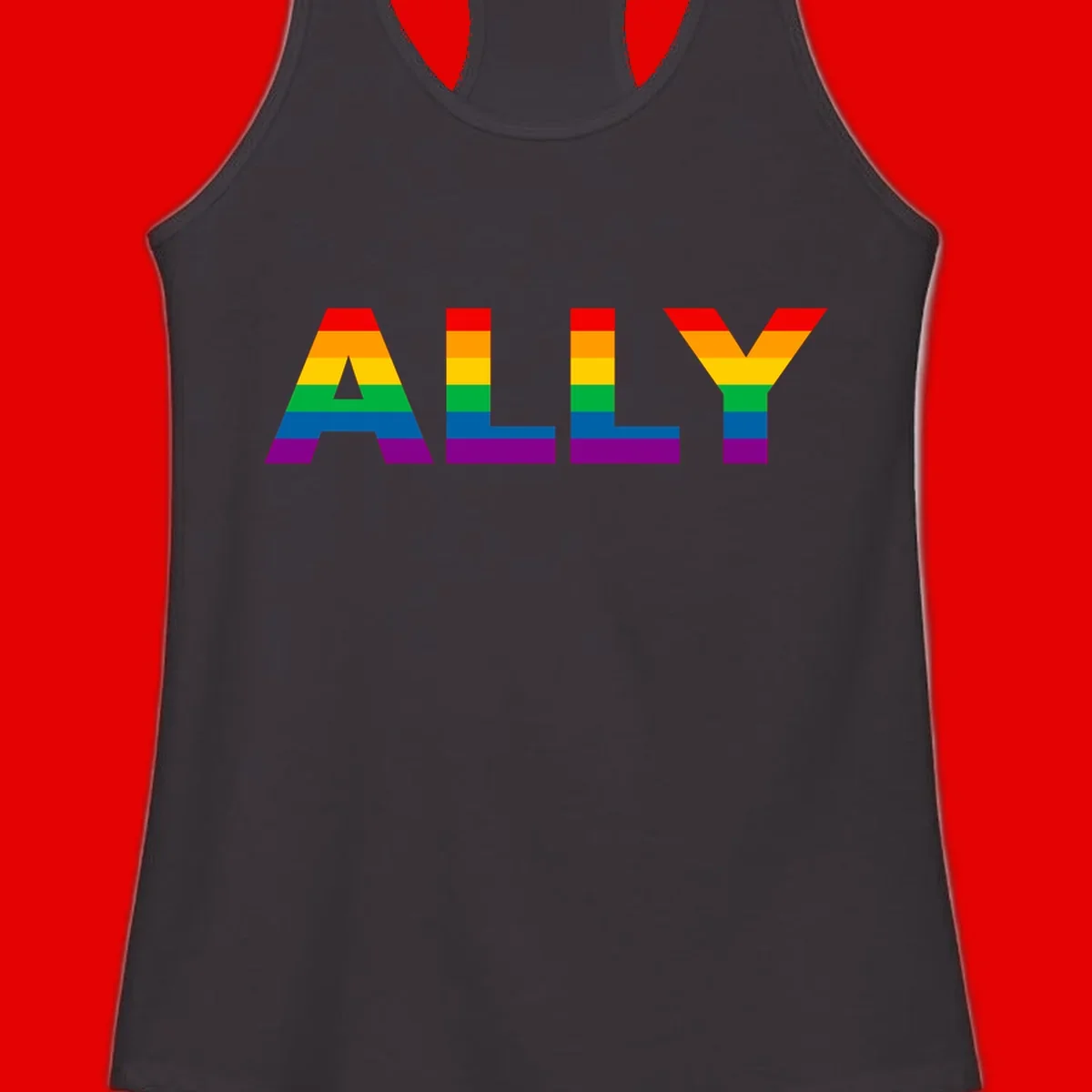 Rainbow-colored letters spelling ALLY with pride flag horizontal stripes in red, orange, yellow, green, blue, and purple