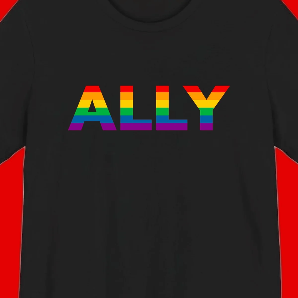 Rainbow-colored letters spelling ALLY with pride flag horizontal stripes in red, orange, yellow, green, blue, and purple