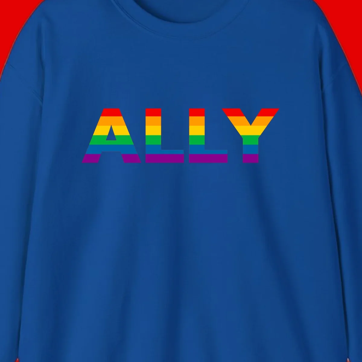 Rainbow-colored letters spelling ALLY with pride flag horizontal stripes in red, orange, yellow, green, blue, and purple