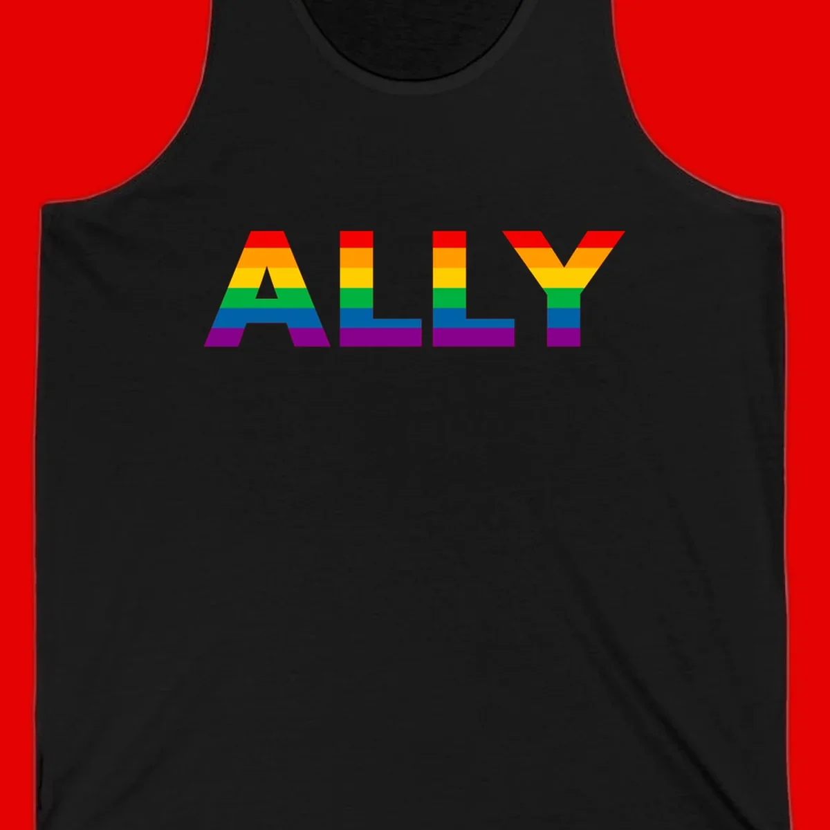 Rainbow-colored letters spelling ALLY with pride flag horizontal stripes in red, orange, yellow, green, blue, and purple