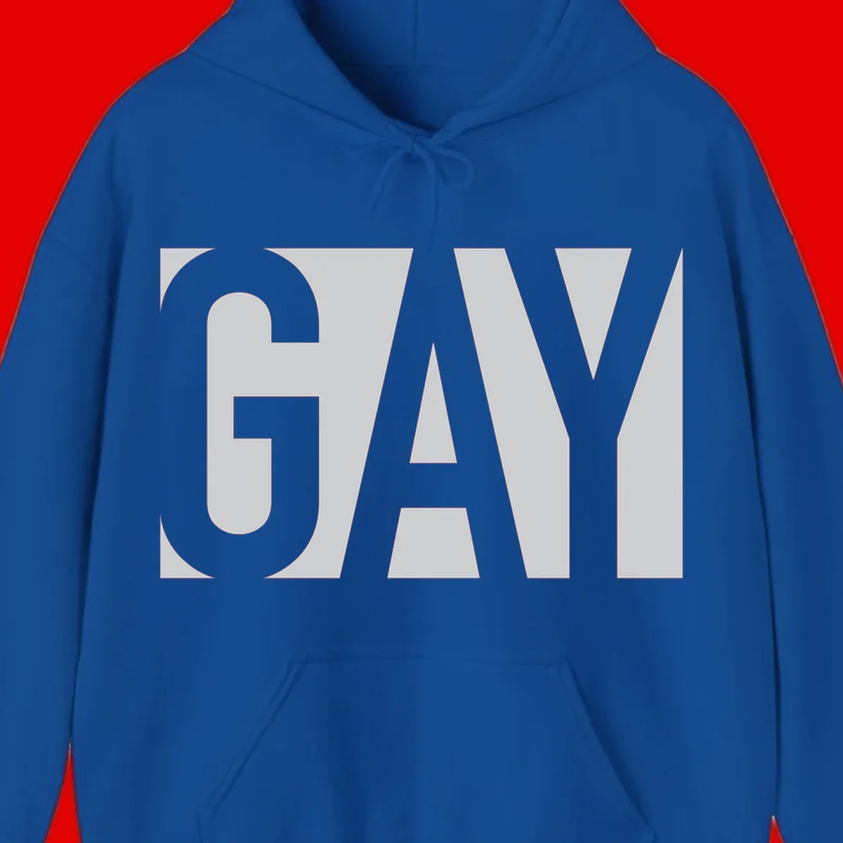 Bold gray and white typography design with the word 'GAY' in large, thick sans-serif letters on a light background