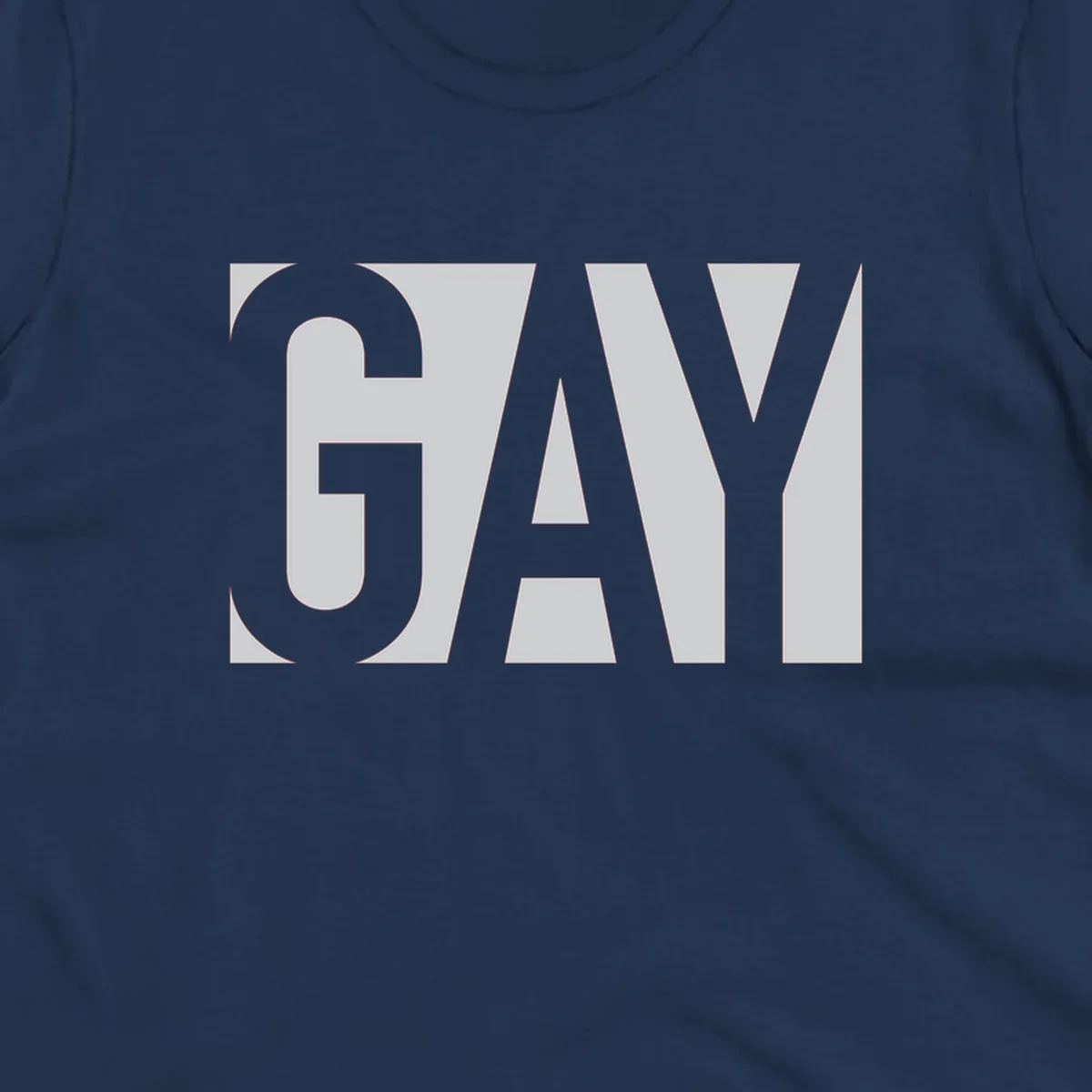 Bold gray and white typography design with the word 'GAY' in large, thick sans-serif letters on a light background