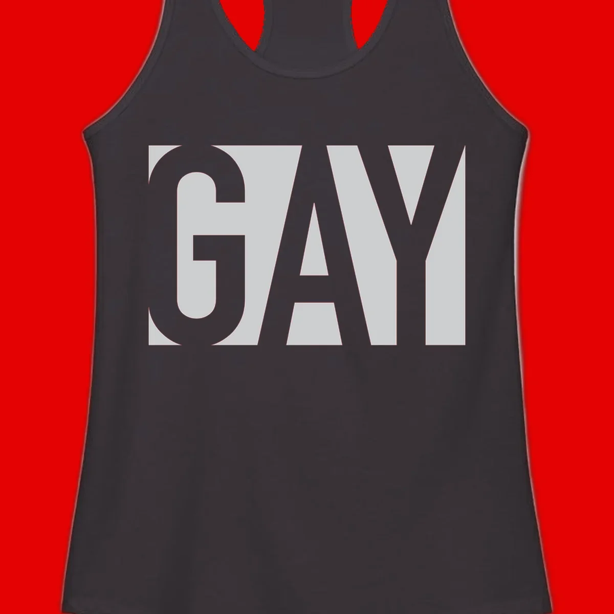 Bold gray and white typography design with the word 'GAY' in large, thick sans-serif letters on a light background