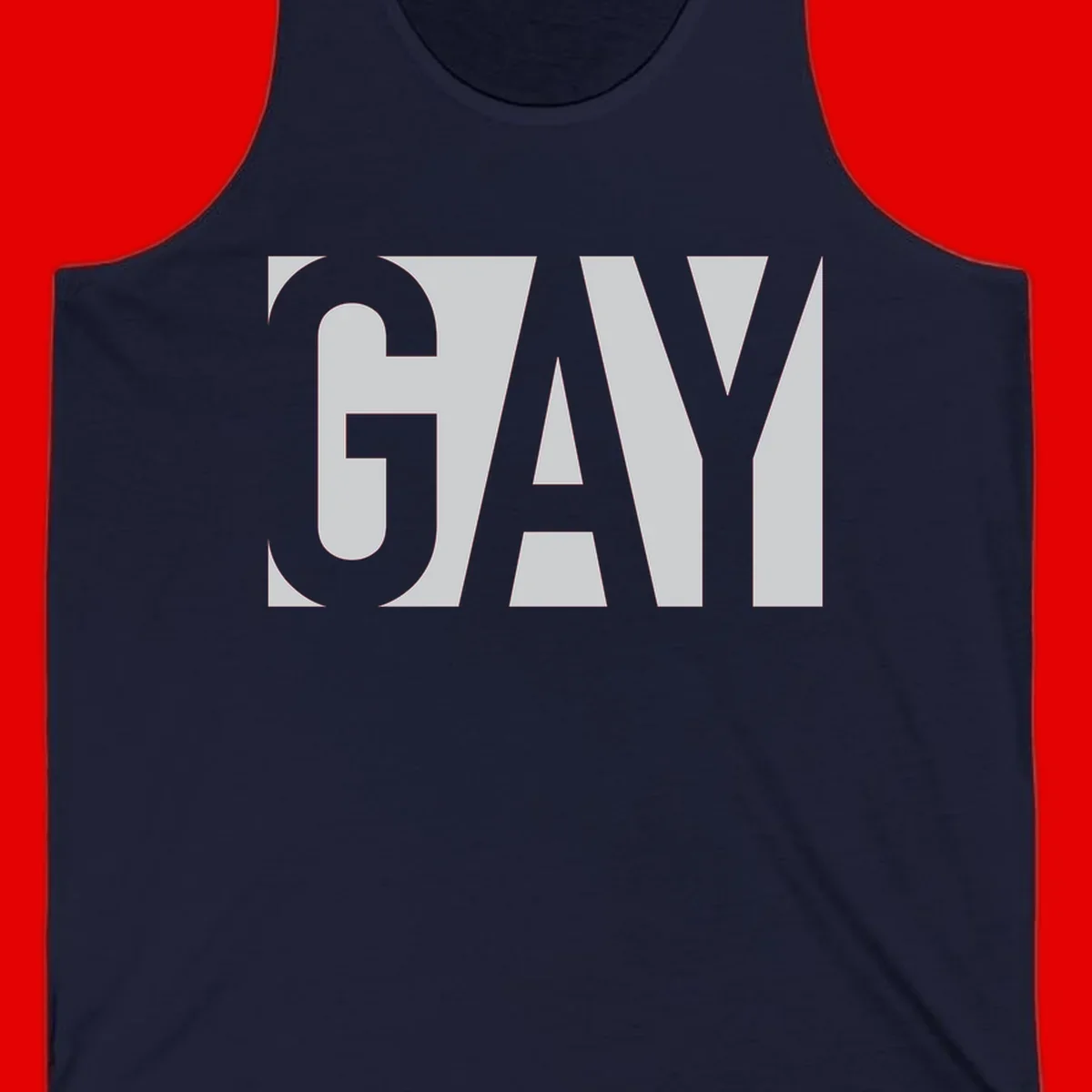 Bold gray and white typography design with the word 'GAY' in large, thick sans-serif letters on a light background