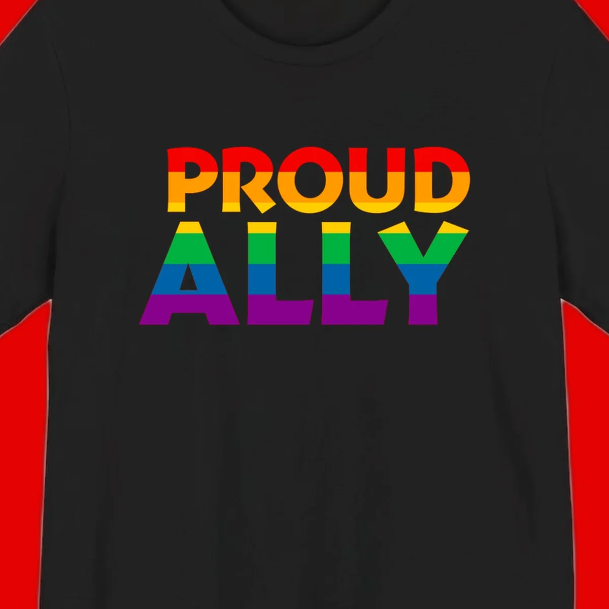 Proud Ally design with rainbow-striped letters in pride flag colors on gray background