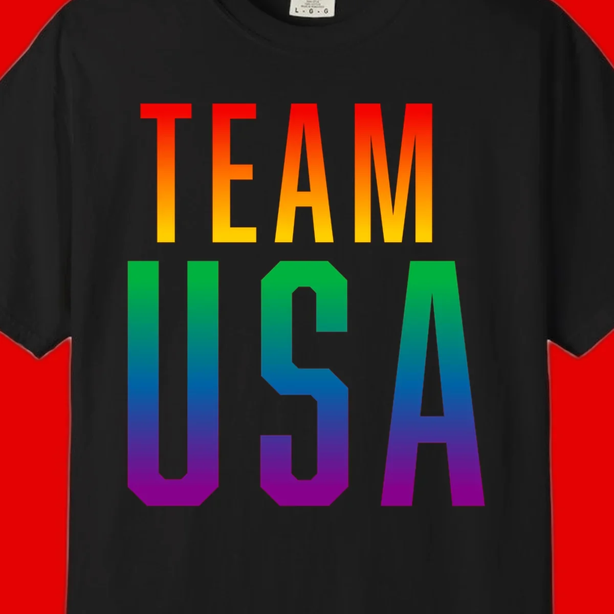 Team USA rainbow pride design with bold text gradient from red to purple representing LGBTQ+ flag colors