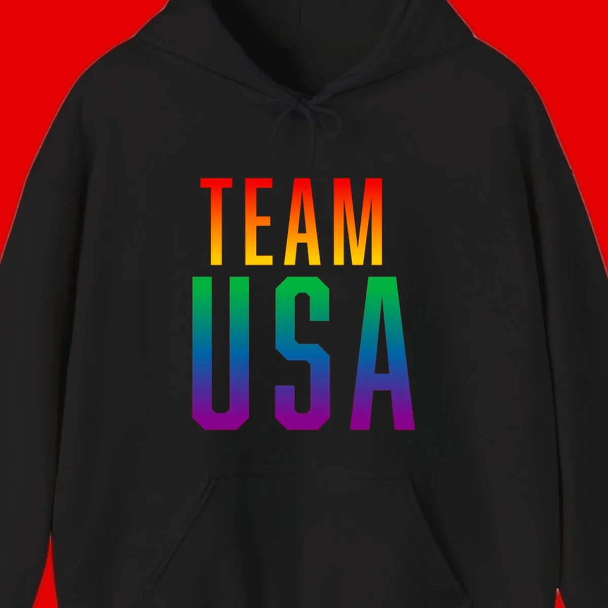 Team USA rainbow pride design with bold text gradient from red to purple representing LGBTQ+ flag colors