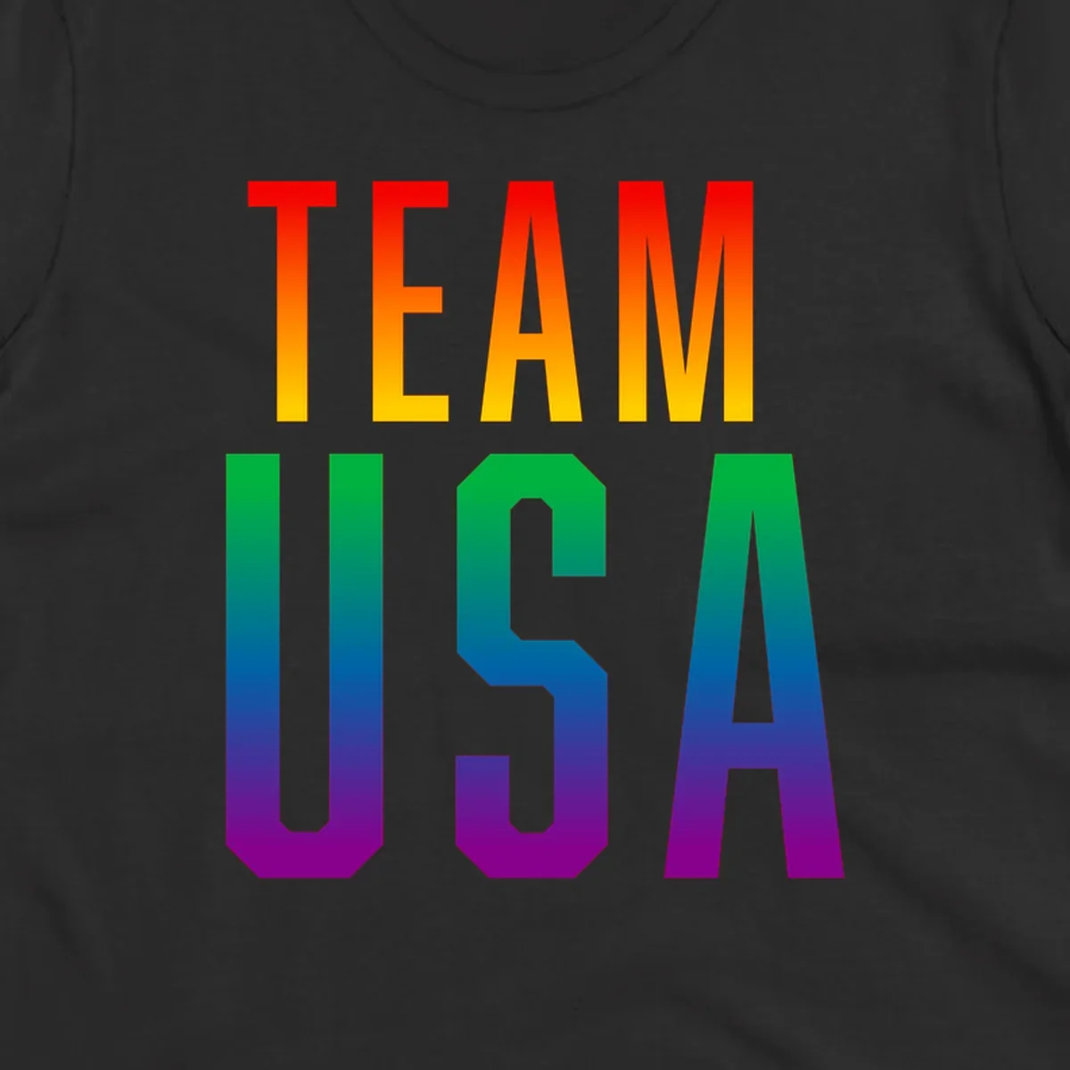 Team USA rainbow pride design with bold text gradient from red to purple representing LGBTQ+ flag colors