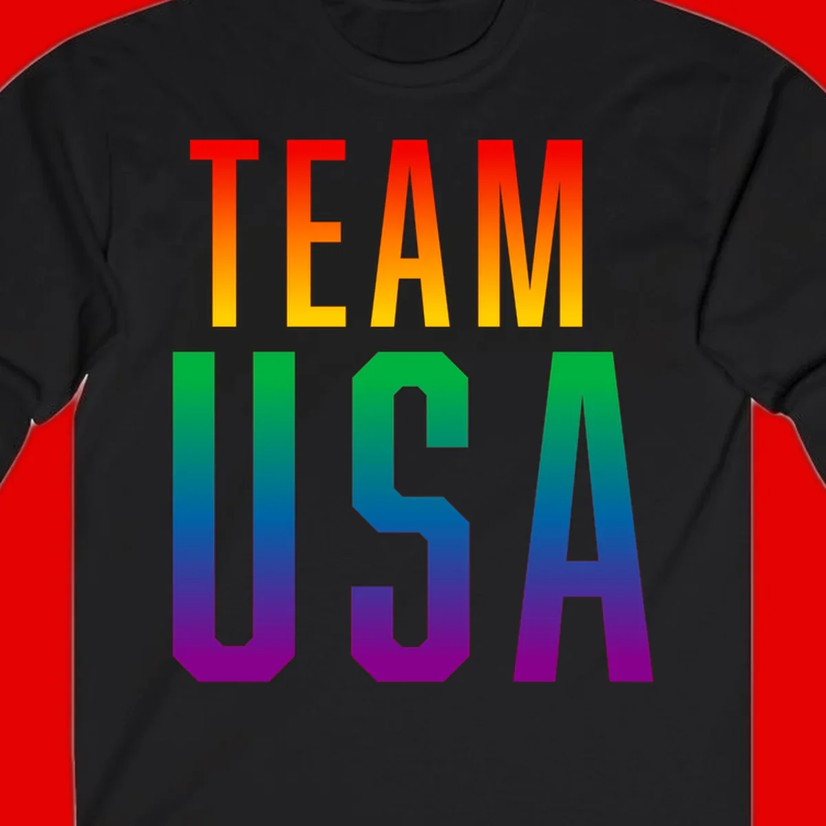 Team USA rainbow pride design with bold text gradient from red to purple representing LGBTQ+ flag colors