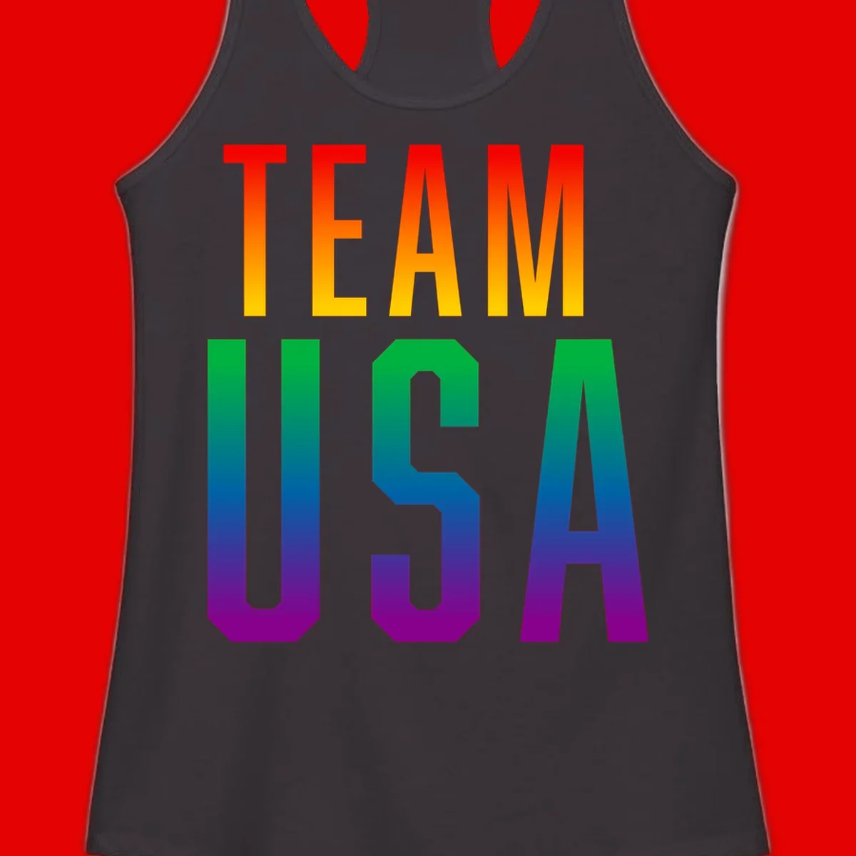 Team USA rainbow pride design with bold text gradient from red to purple representing LGBTQ+ flag colors
