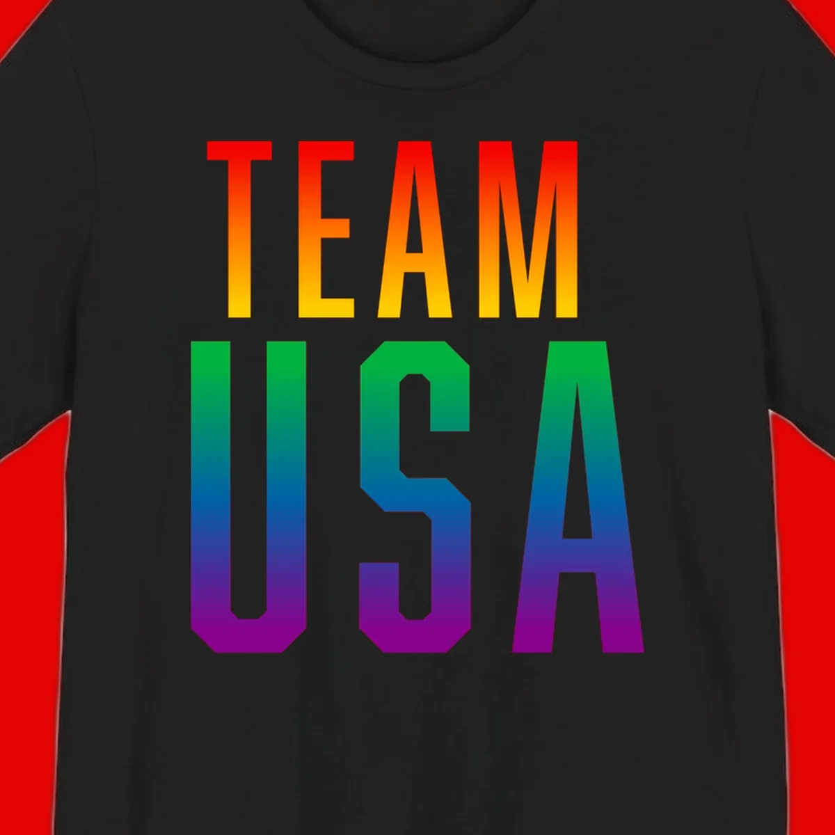 Team USA rainbow pride design with bold text gradient from red to purple representing LGBTQ+ flag colors