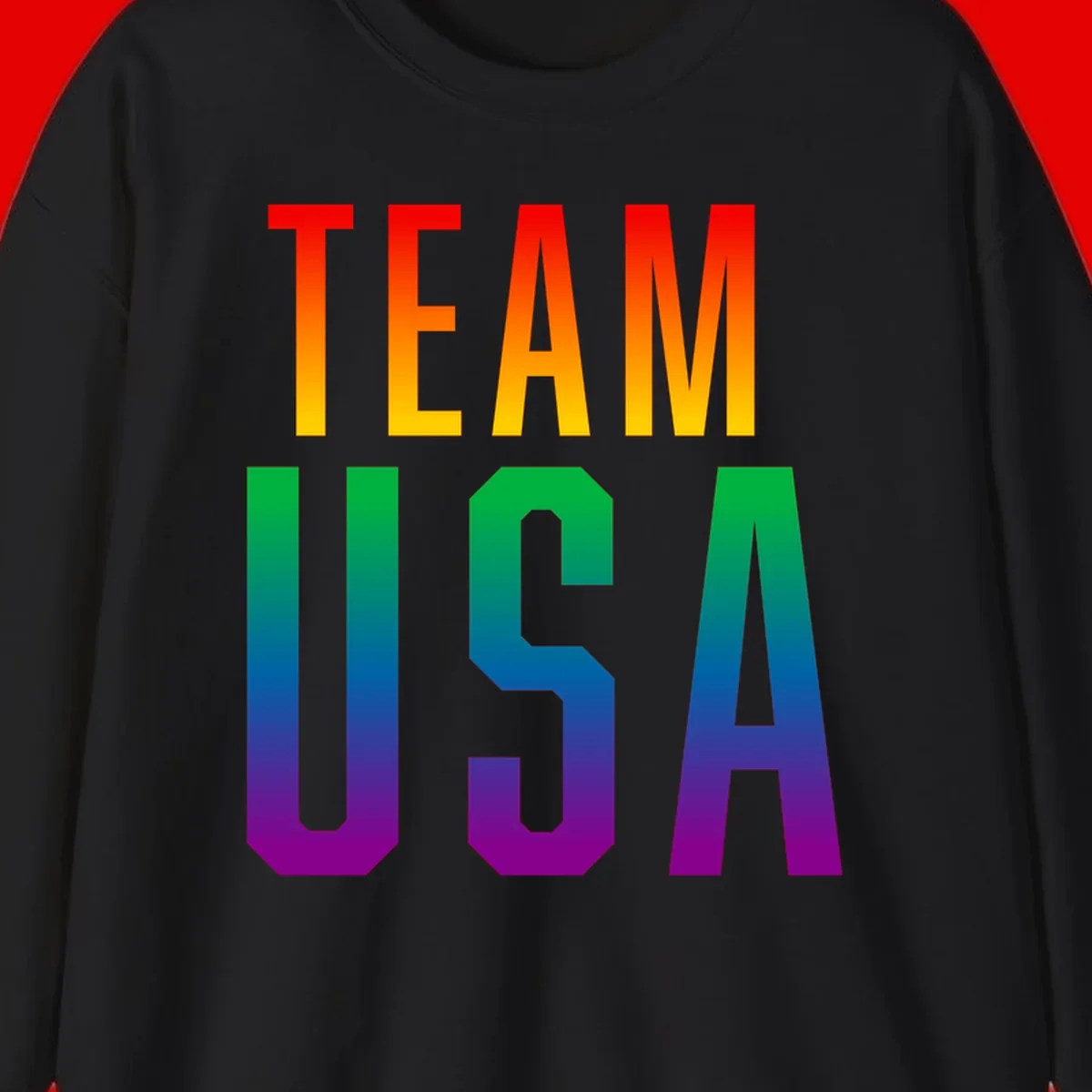 Team USA rainbow pride design with bold text gradient from red to purple representing LGBTQ+ flag colors