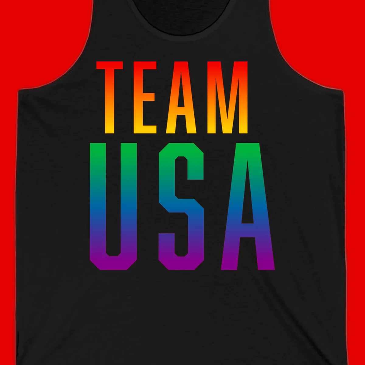 Team USA rainbow pride design with bold text gradient from red to purple representing LGBTQ+ flag colors