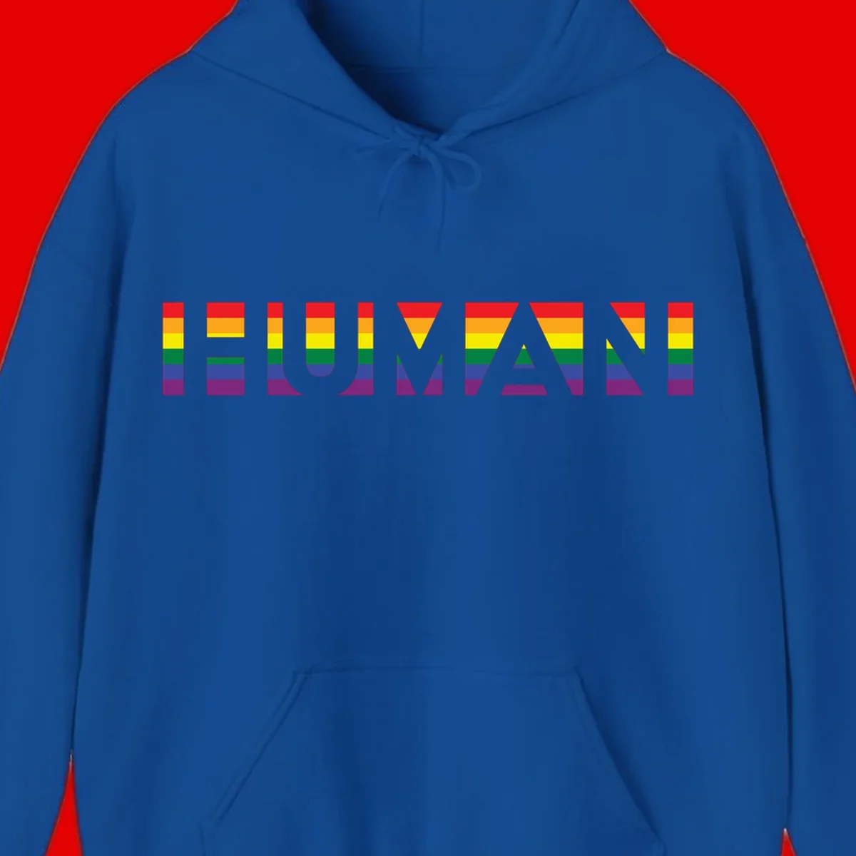 Rainbow pride letters in red, orange, yellow, green, blue, and purple stripes on gray background
