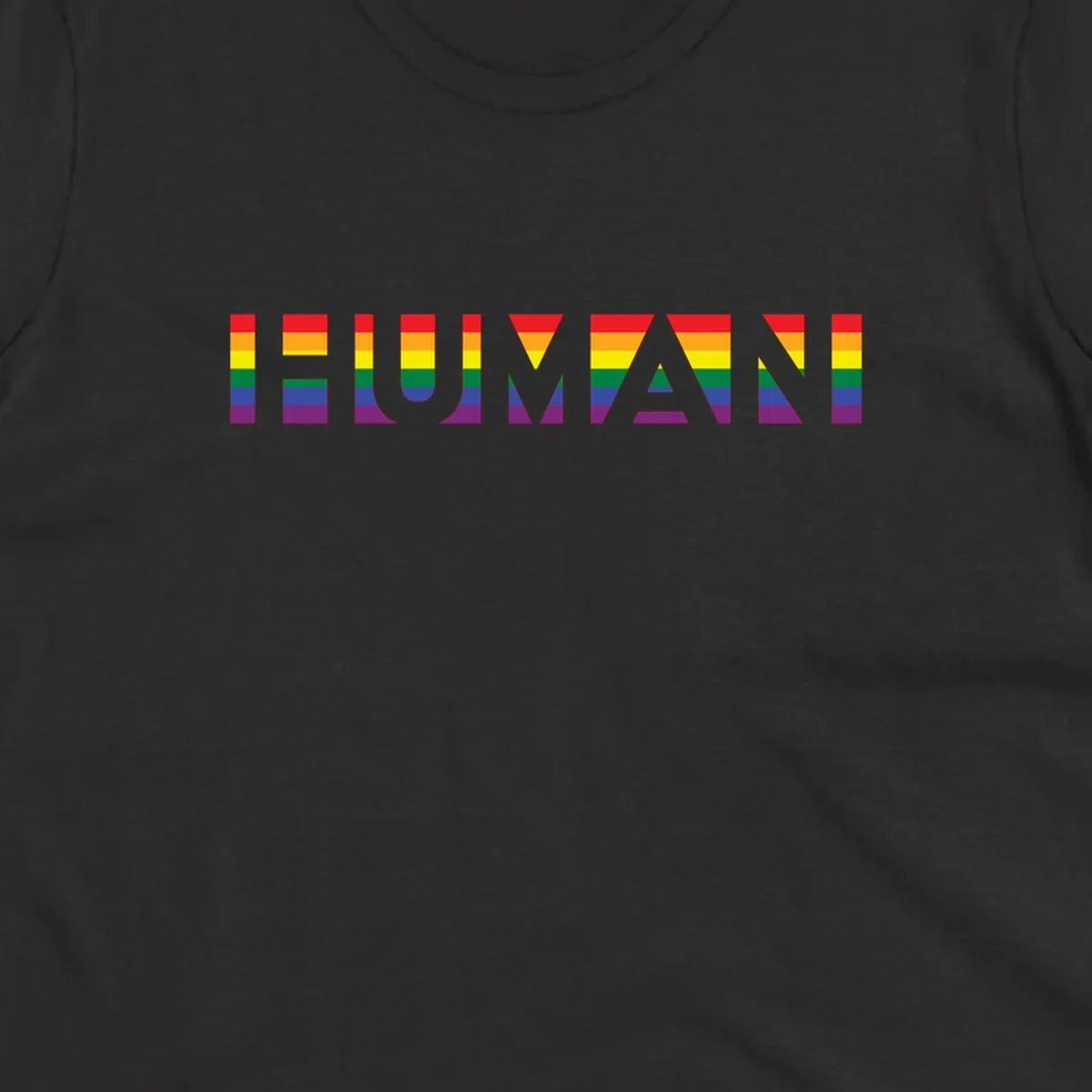 Rainbow pride letters in red, orange, yellow, green, blue, and purple stripes on gray background