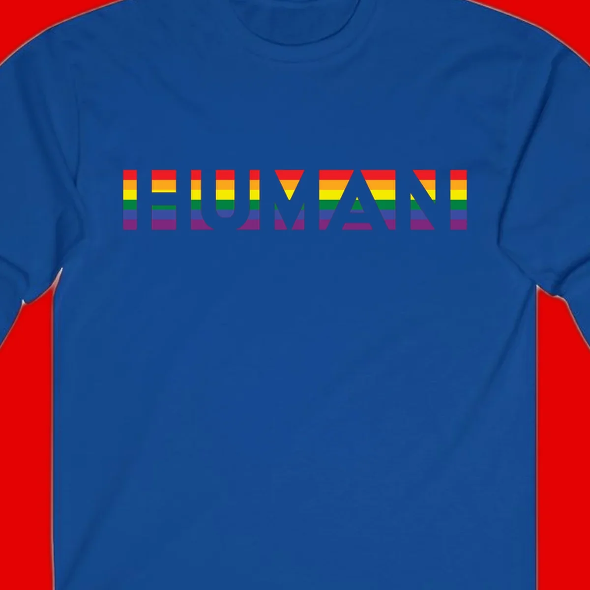 Rainbow pride letters in red, orange, yellow, green, blue, and purple stripes on gray background