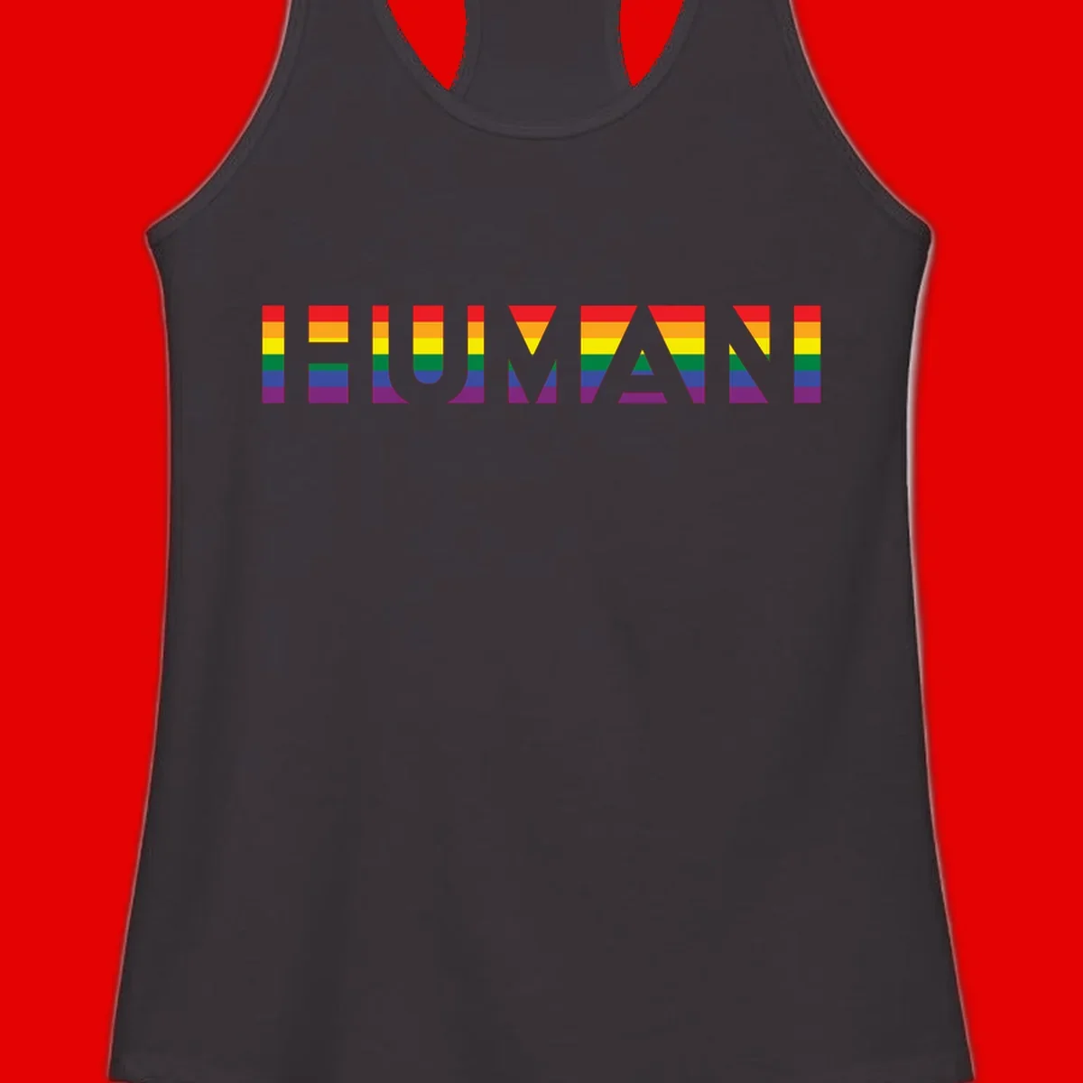 Rainbow pride letters in red, orange, yellow, green, blue, and purple stripes on gray background