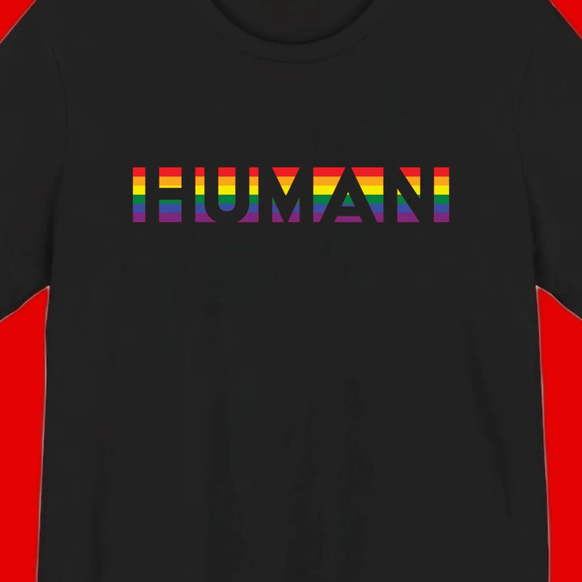 Rainbow pride letters in red, orange, yellow, green, blue, and purple stripes on gray background