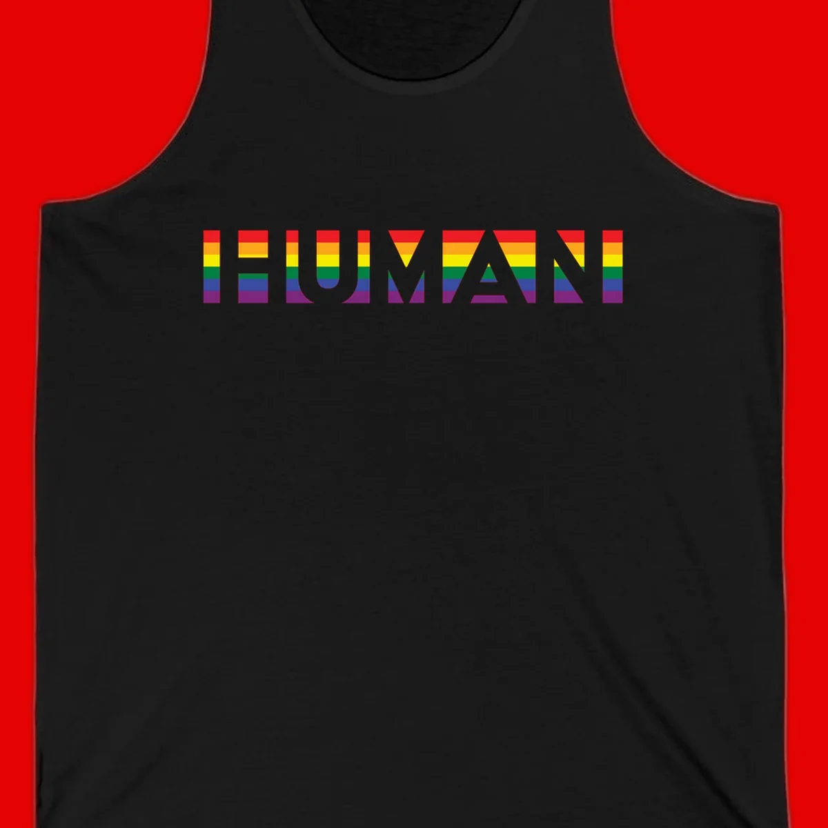 Rainbow pride letters in red, orange, yellow, green, blue, and purple stripes on gray background