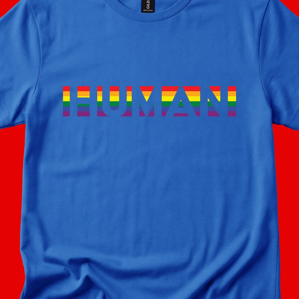 Rainbow pride letters in red, orange, yellow, green, blue, and purple stripes on gray background
