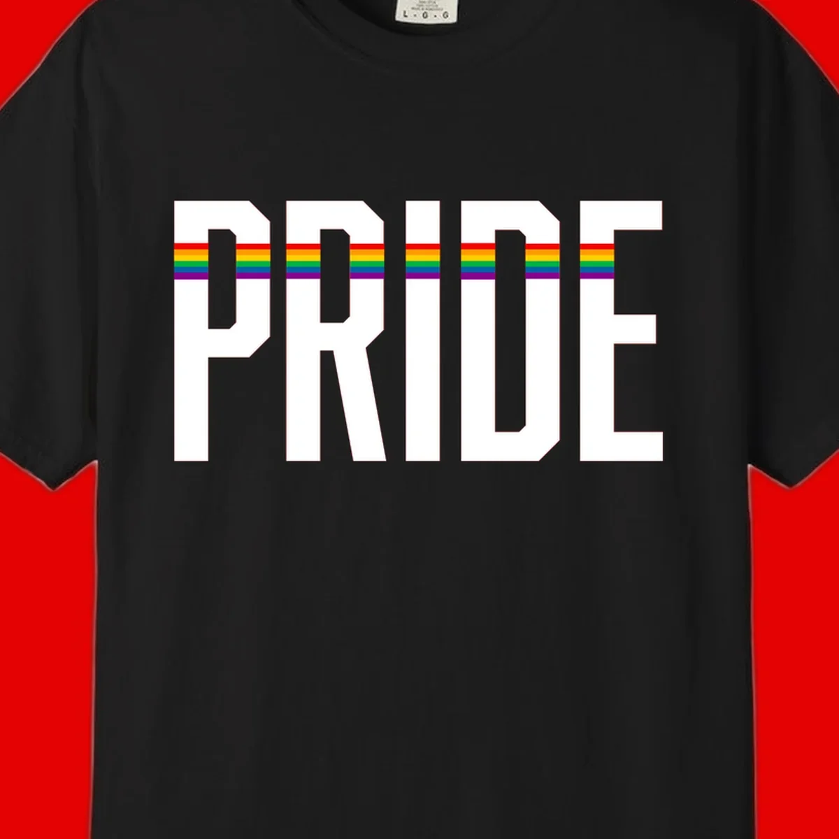 The word PRIDE in large 3D gray block letters with horizontal rainbow pride flag stripes running through the center of each letter against a white background.