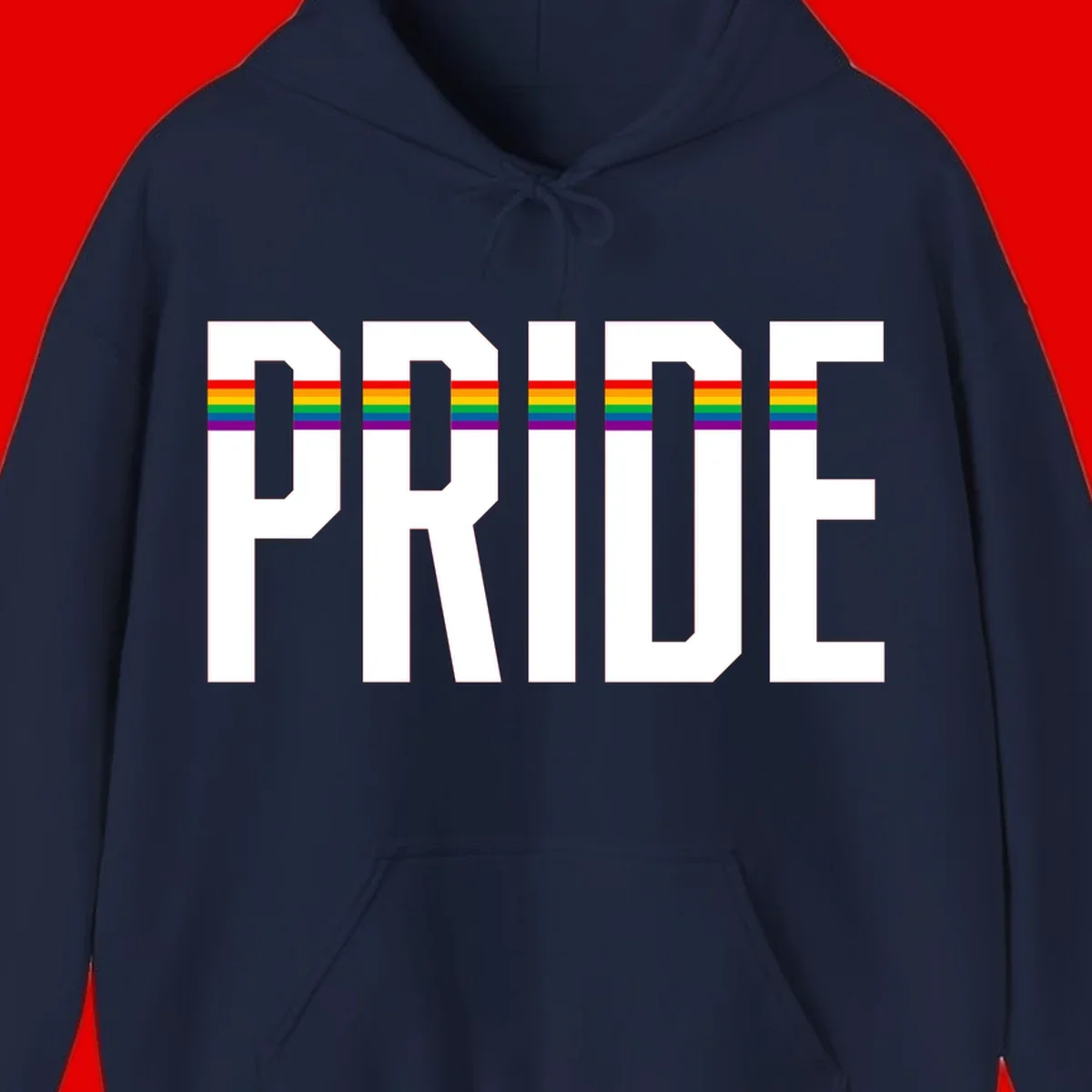The word PRIDE in large 3D gray block letters with horizontal rainbow pride flag stripes running through the center of each letter against a white background.