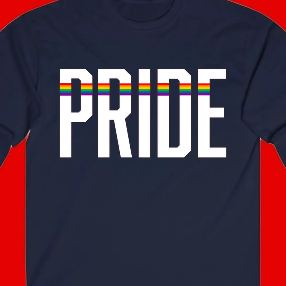 The word PRIDE in large 3D gray block letters with horizontal rainbow pride flag stripes running through the center of each letter against a white background.