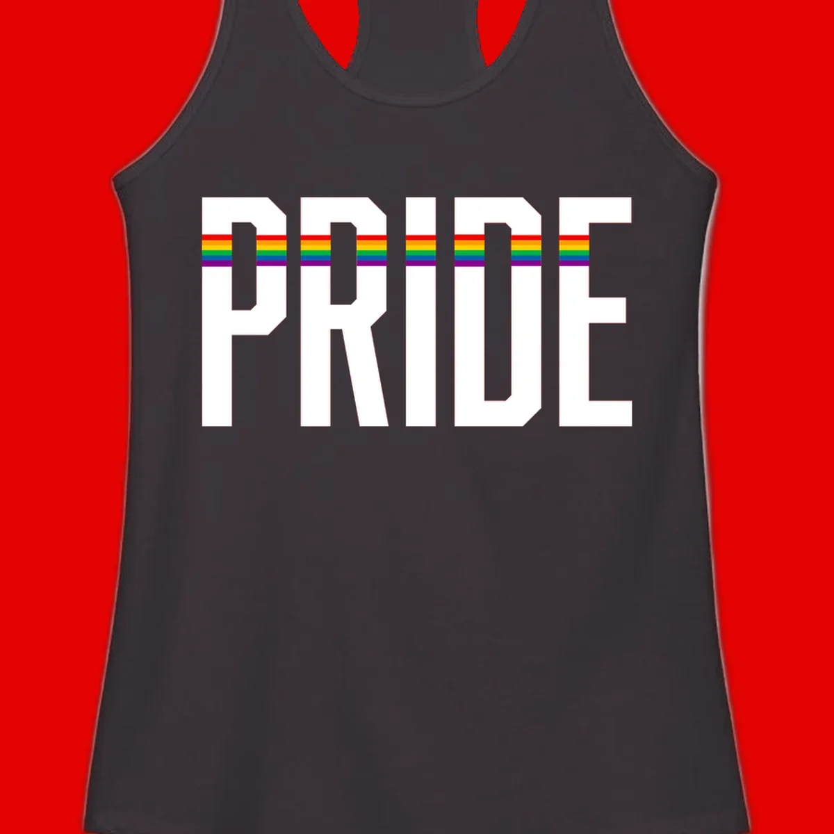 The word PRIDE in large 3D gray block letters with horizontal rainbow pride flag stripes running through the center of each letter against a white background.