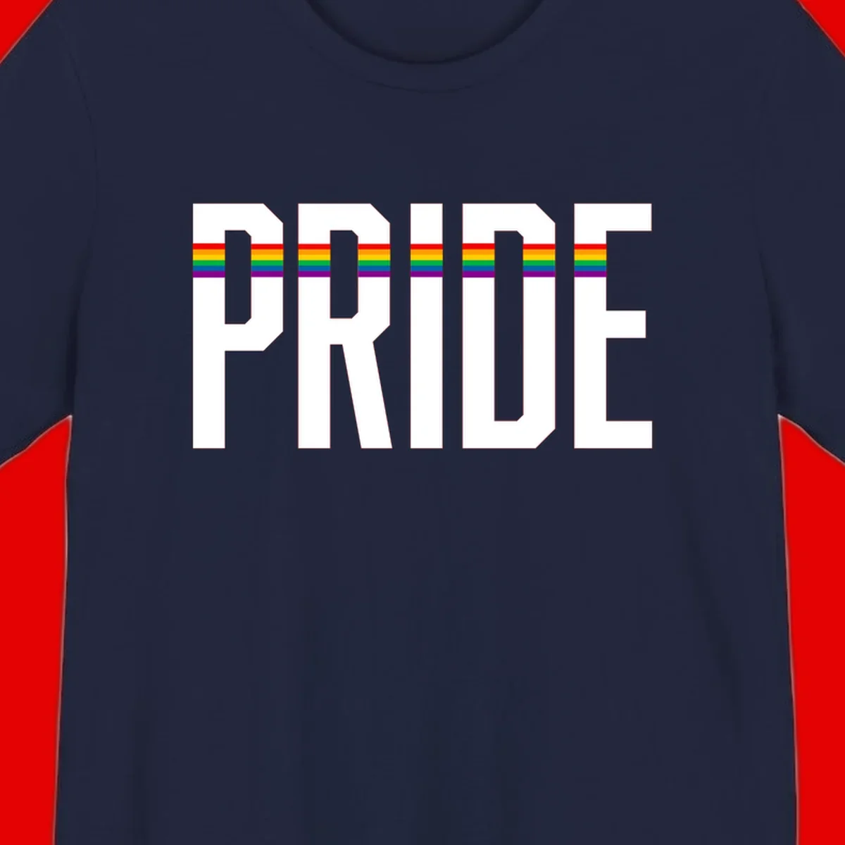 The word PRIDE in large 3D gray block letters with horizontal rainbow pride flag stripes running through the center of each letter against a white background.