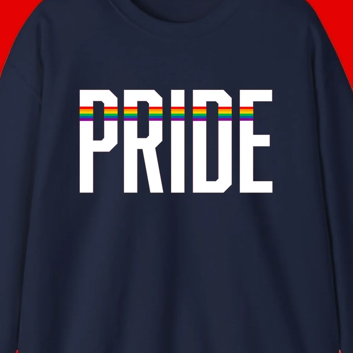 The word PRIDE in large 3D gray block letters with horizontal rainbow pride flag stripes running through the center of each letter against a white background.