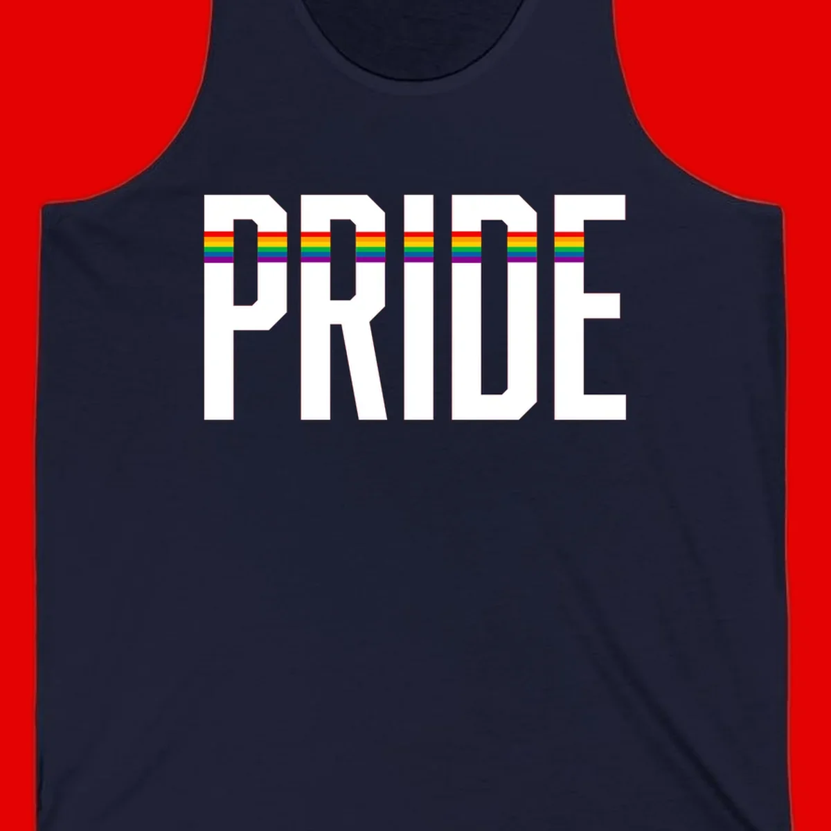 The word PRIDE in large 3D gray block letters with horizontal rainbow pride flag stripes running through the center of each letter against a white background.