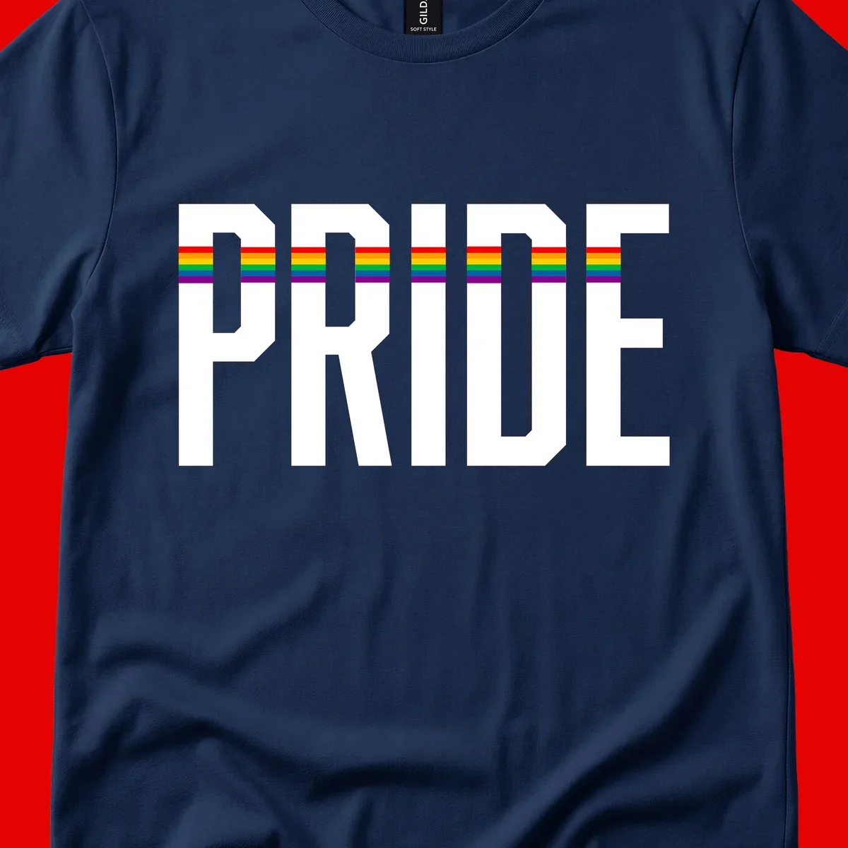 The word PRIDE in large 3D gray block letters with horizontal rainbow pride flag stripes running through the center of each letter against a white background.