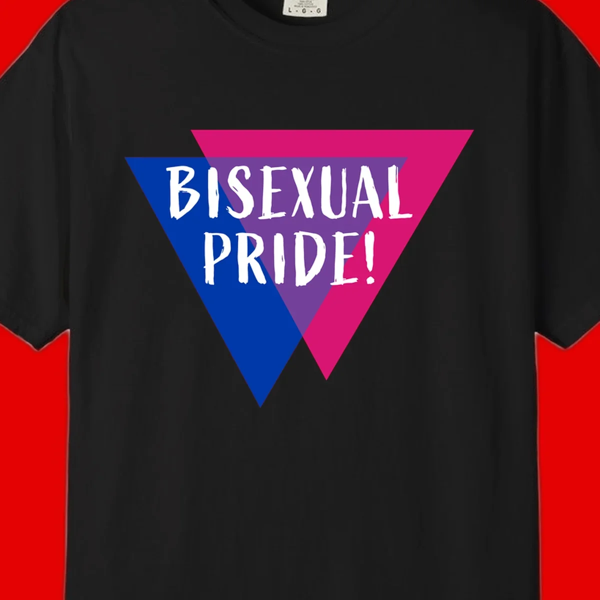 Bisexual pride flag triangle with blue, purple, and magenta sections and white text reading BISEXUAL PRIDE!