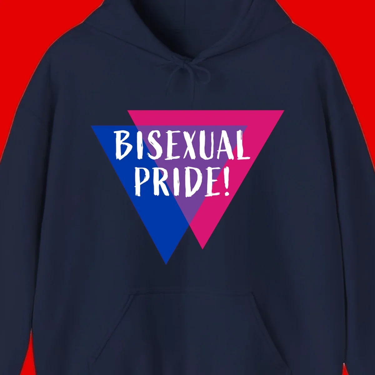 Bisexual pride flag triangle with blue, purple, and magenta sections and white text reading BISEXUAL PRIDE!