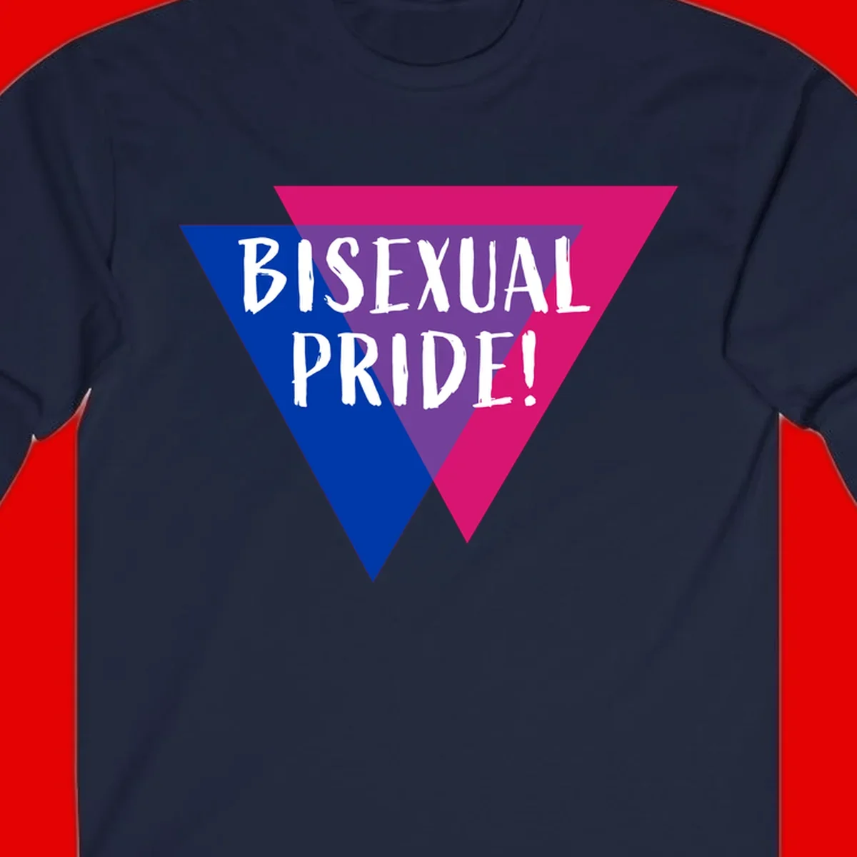 Bisexual pride flag triangle with blue, purple, and magenta sections and white text reading BISEXUAL PRIDE!