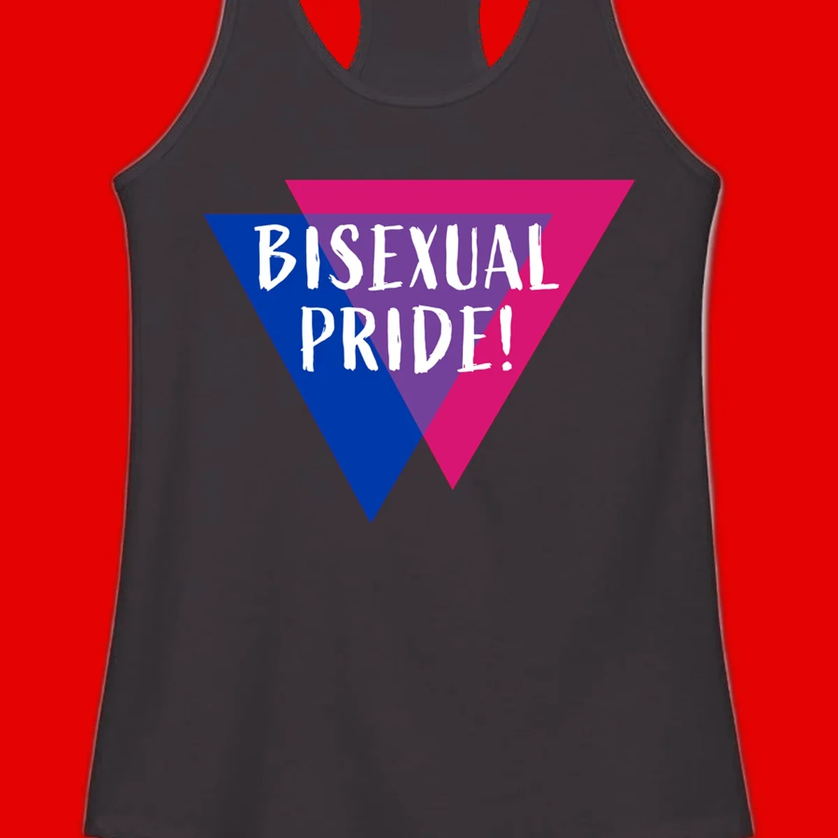 Bisexual pride flag triangle with blue, purple, and magenta sections and white text reading BISEXUAL PRIDE!