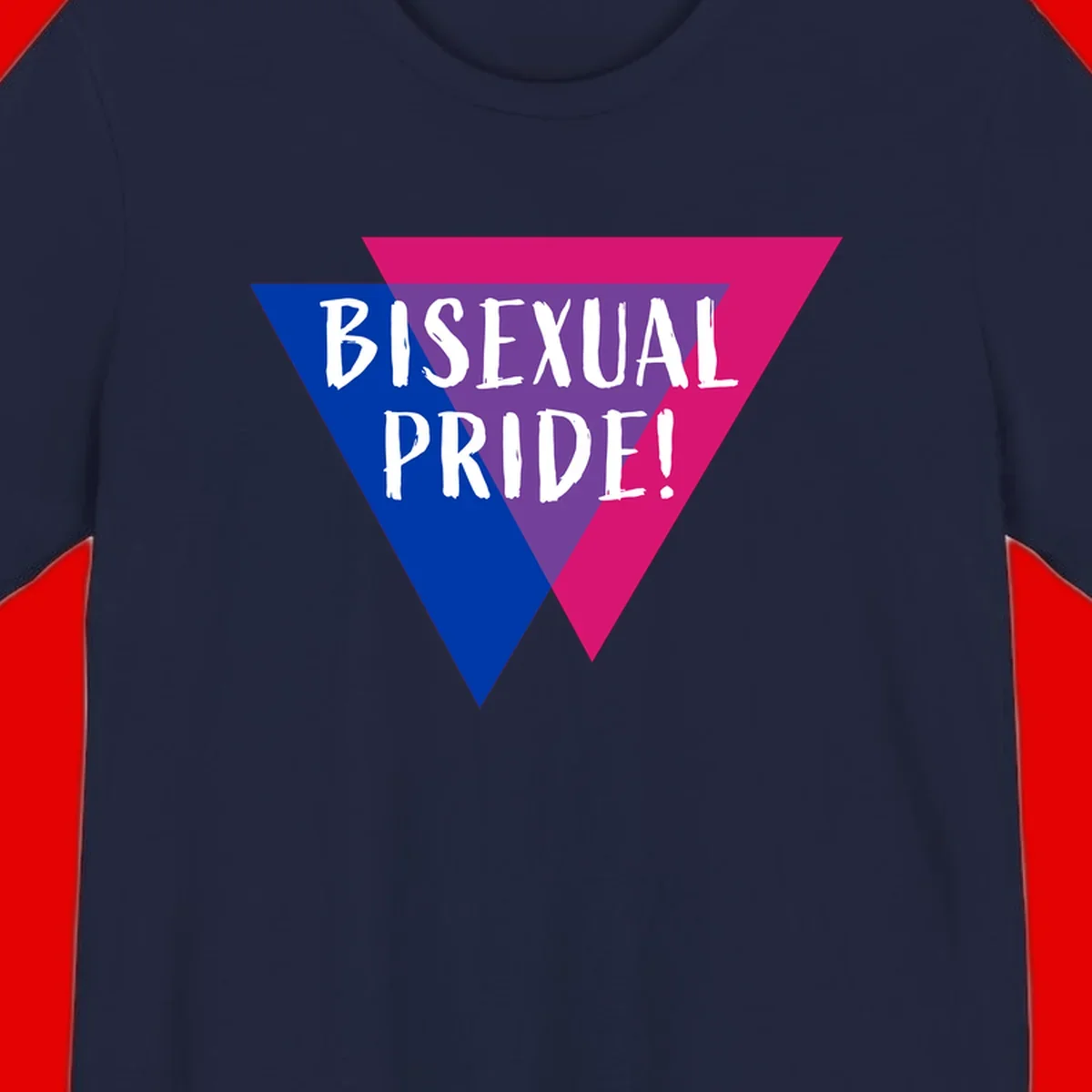 Bisexual pride flag triangle with blue, purple, and magenta sections and white text reading BISEXUAL PRIDE!